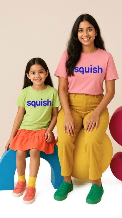 A girl and her mother in Squish t-shirts sitting on foam letter seats